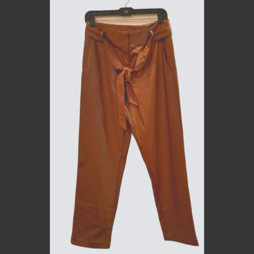 LOFT Faux Leather Paperbag Waist‎ Tie Belt Pants Tan Size 12
